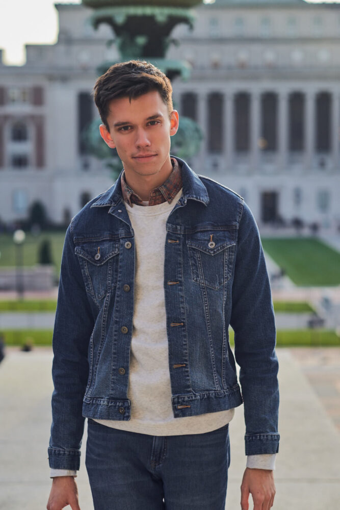 Fuji X Pro2 with xf 56mm f1.2 - Men's Fashion Photography with denim outfit around Columbia University - Model: Roberto