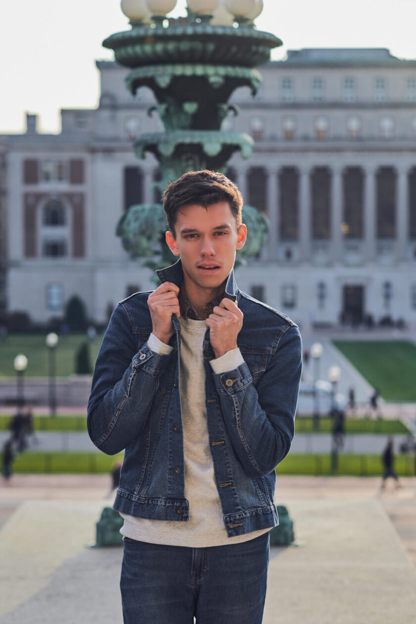 Fuji X Pro2 with xf 56mm f1.2 - Men's Fashion Photography with denim outfit around Columbia University - Model: Roberto