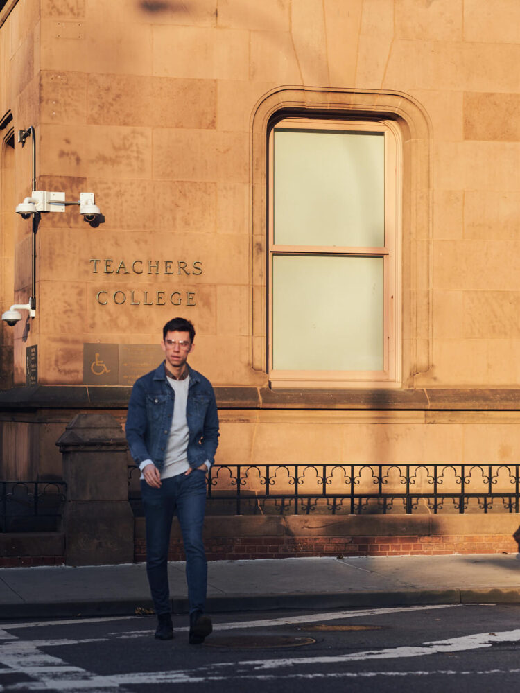 Fuji X Pro2 with xf 56mm f1.2 - Men's Fashion Photography with denim outfit around Columbia University - Model: Roberto