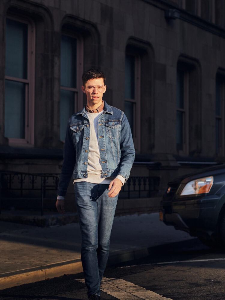 Fuji X Pro2 with xf 56mm f1.2 - Men's Fashion Photography with denim outfit around Columbia University - Model: Roberto