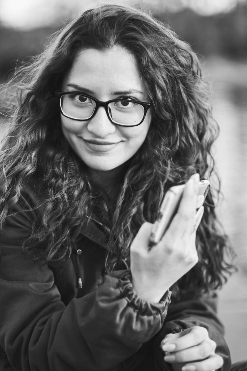 Fuji X Pro2 with xf 56mm f1.2 - Black and White Portrait Photography in Brooklyn New York around Prospect Part. Woman with glasses and a smile - Model: Andrea