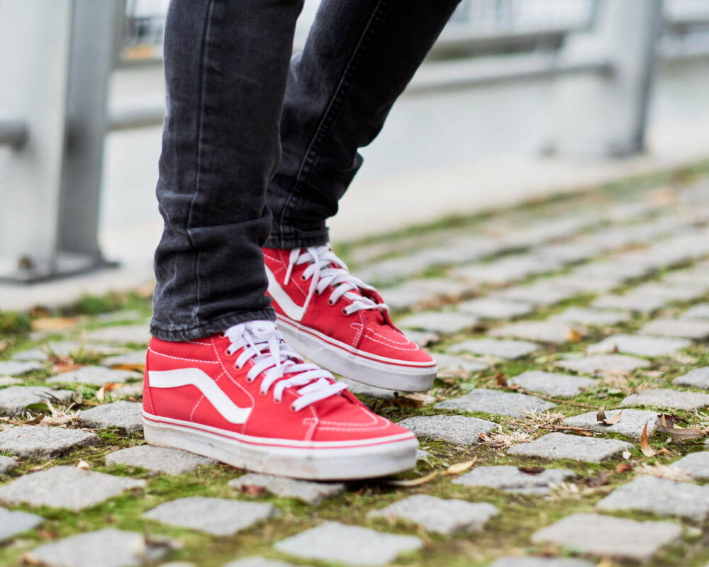 Fuji X Pro2 with xf 56mm f1.2 - Men's Fashion Photography in Riverside Park New York with red sneakers - Model: Demetric