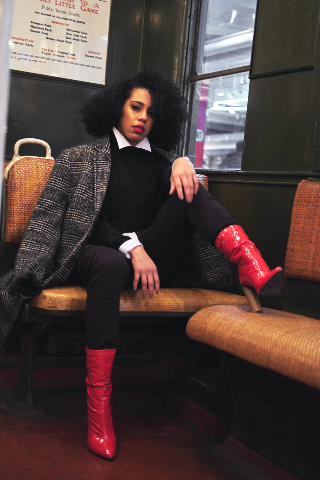 Fashion Photography Poses - Editorial Photography Portrait - MTA Transit Museum of New York - Model Poses - Jes Perez - Woman in pea coat and red heels - Fuji X Pro2 with Fujinon xf 35mm f2