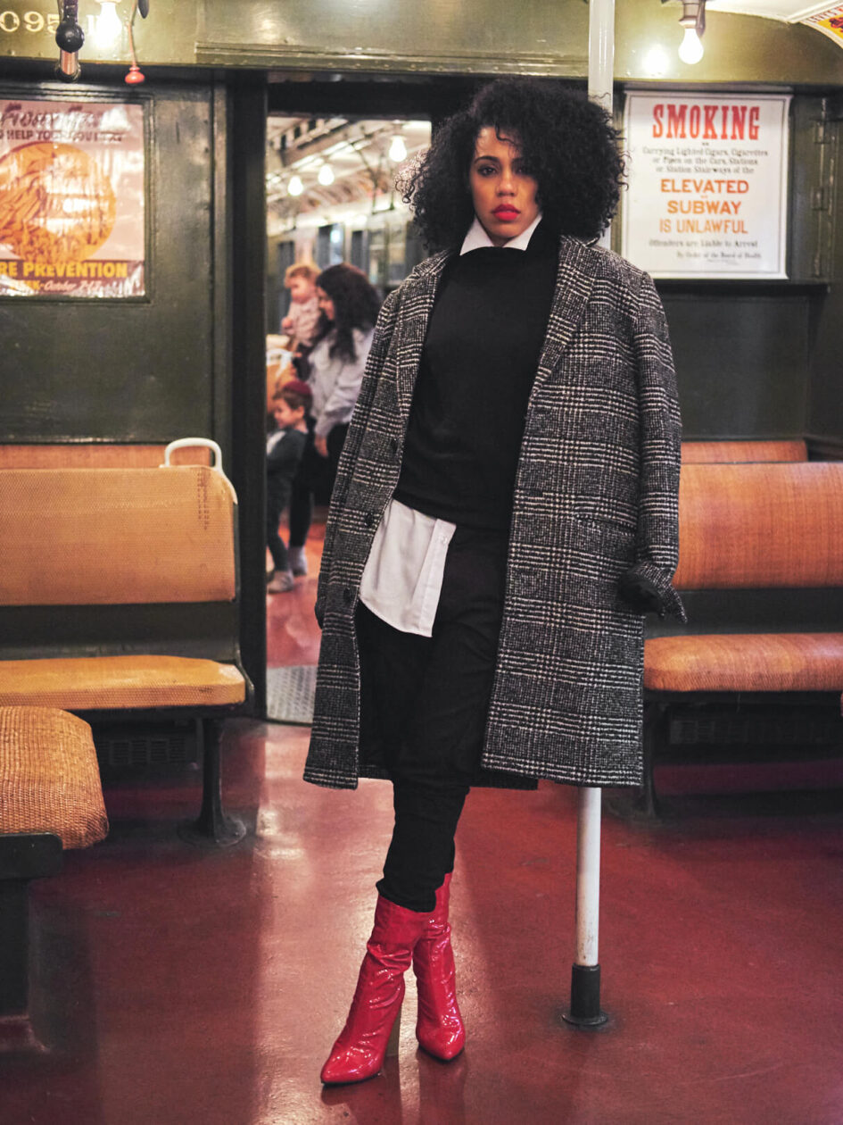 Fashion Photography Poses - Editorial Photography Portrait - MTA Transit Museum of New York - Model Poses - Jes Perez - Woman in pea coat and red heels - Fuji X Pro2 with Fujinon xf 35mm f2