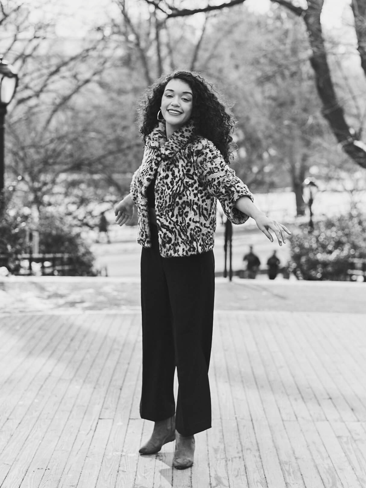 Fuji X Pro2 with xf 56mm f1.2 - Black and White Women's Fashion Photography in Central Park - Woman with leopard print jacket - Model: Jess