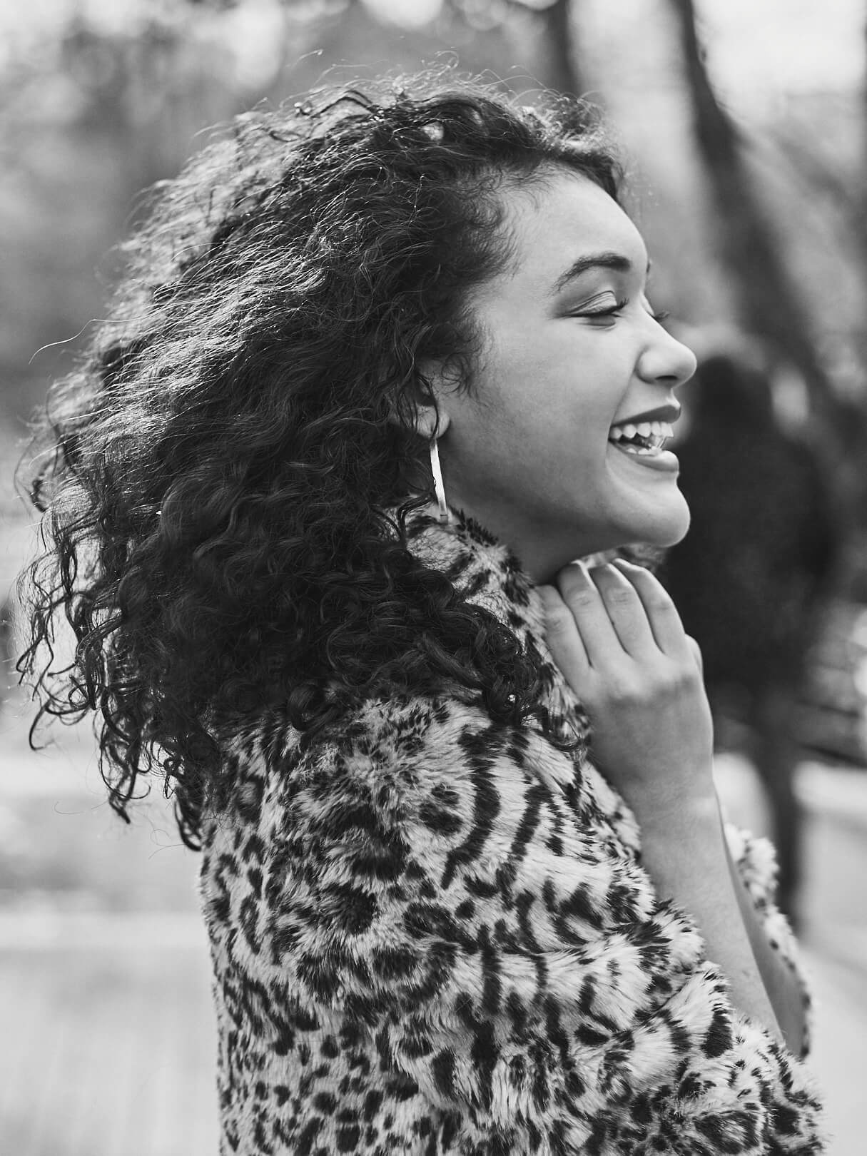 Fuji X Pro2 with xf 56mm f1.2 - Black and White Women's Fashion Photography in Central Park - Woman with leopard print jacket - Model: Jess