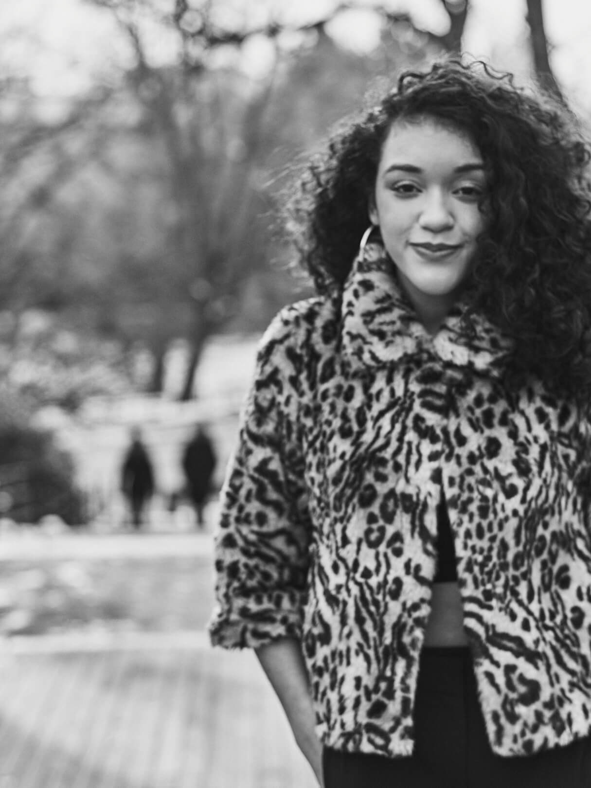 Fuji X Pro2 with xf 56mm f1.2 - Black and White Women's Fashion Photography in Central Park - Woman with leopard print jacket - Model: Jess