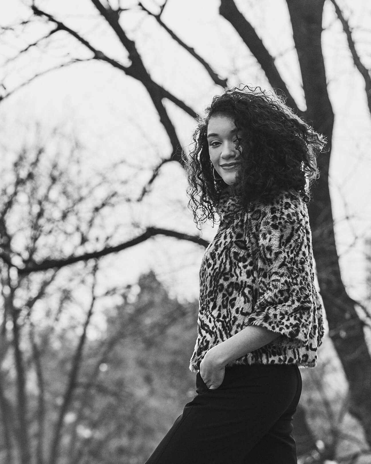 Fuji X Pro2 with xf 56mm f1.2 - Black and White Women's Fashion Photography in Central Park - Woman with leopard print jacket - Model: Jess