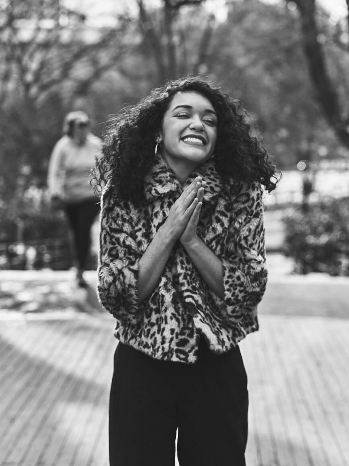 Fuji X Pro2 with xf 56mm f1.2 - Black and White Women's Fashion Photography in Central Park - Woman with leopard print jacket - Model: Jess