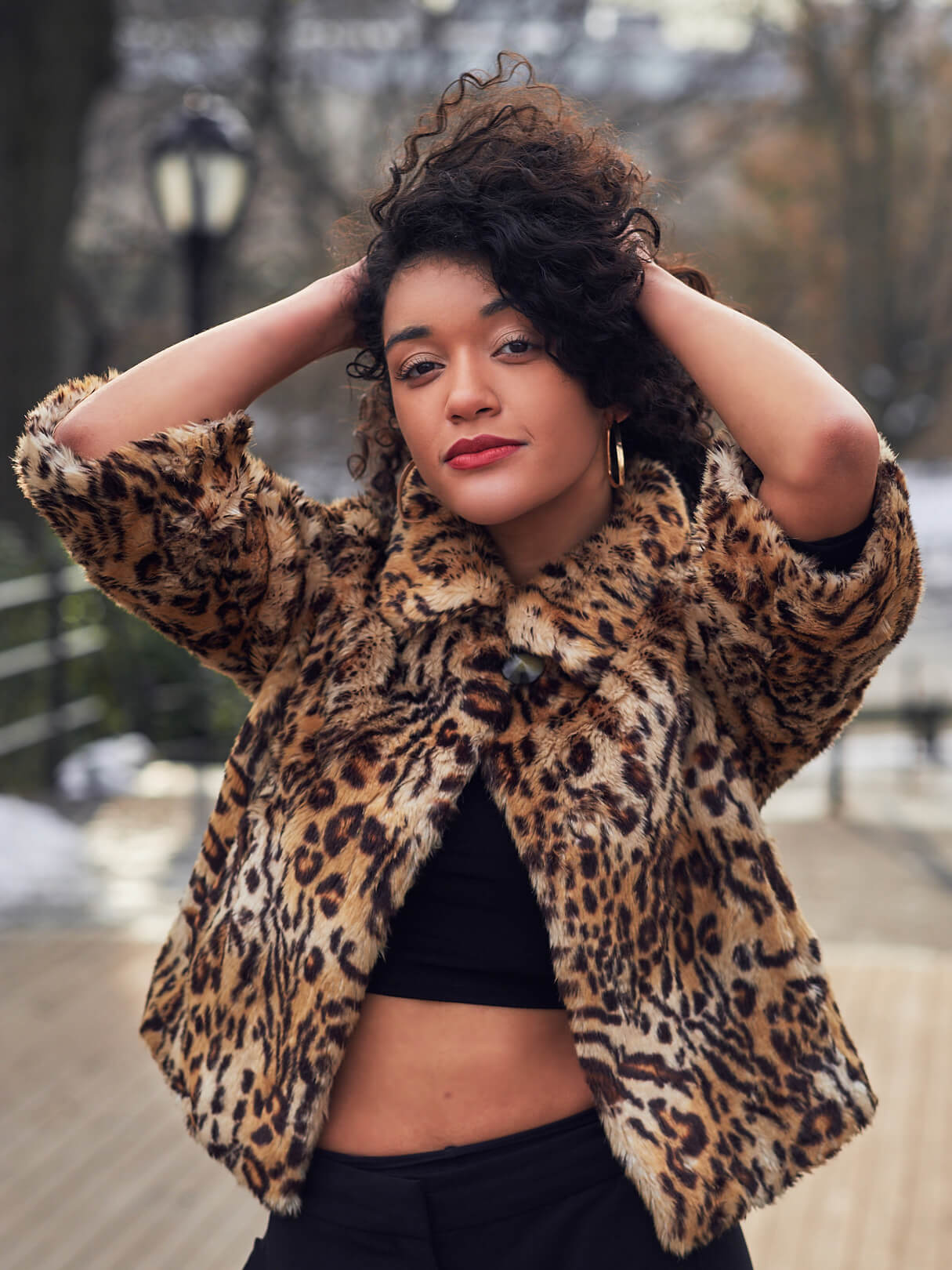 Fuji X Pro2 with xf 56mm f1.2 - Women's Fashion Photography in Central Park - Woman with leopard print jacket - Model: Jess