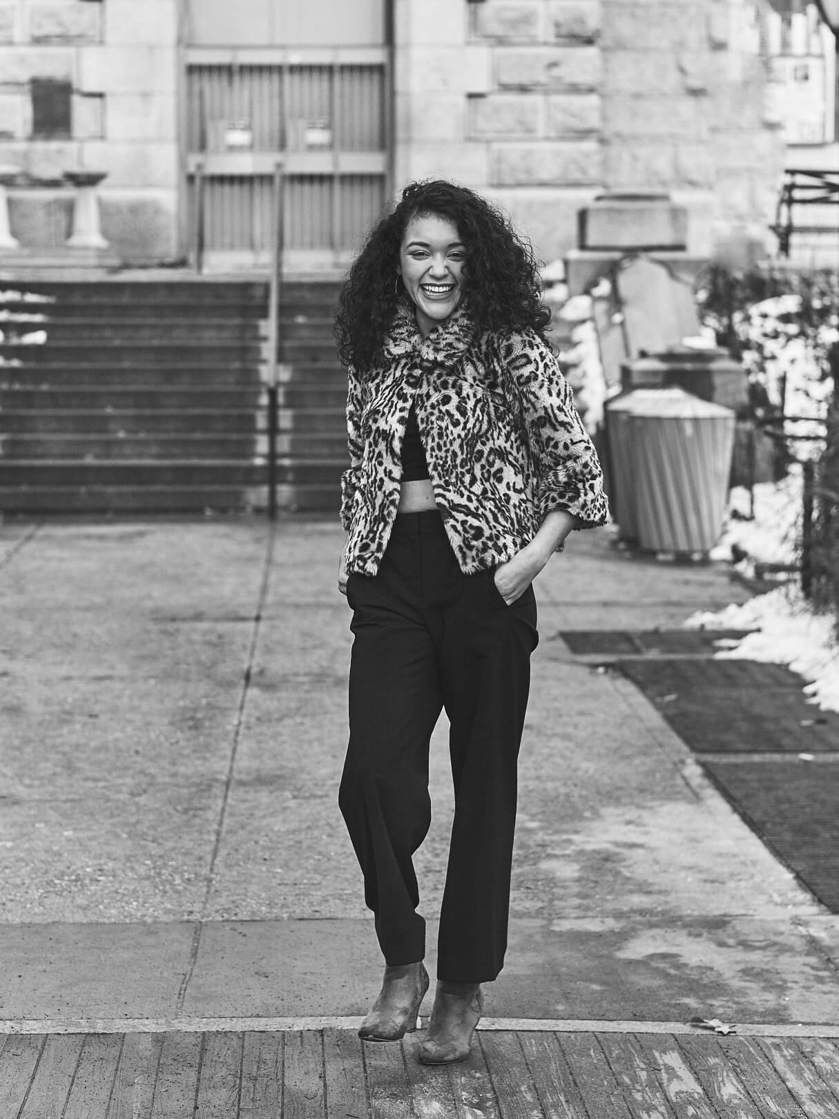 Fuji X Pro2 with xf 56mm f1.2 - Black and White Women's Fashion Photography in Central Park - Woman with leopard print jacket - Model: Jess