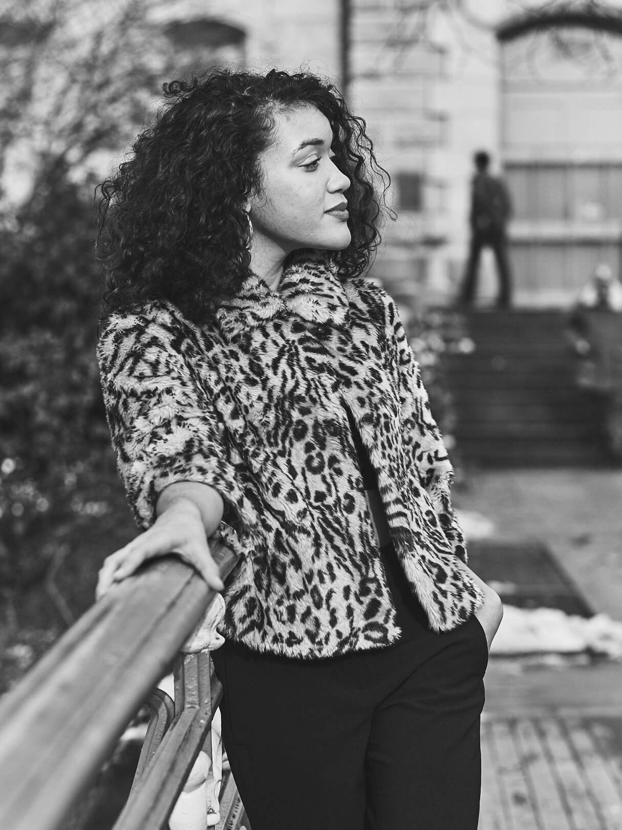 Fuji X Pro2 with xf 56mm f1.2 - Black and White Women's Fashion Photography in Central Park - Woman with leopard print jacket - Model: Jess