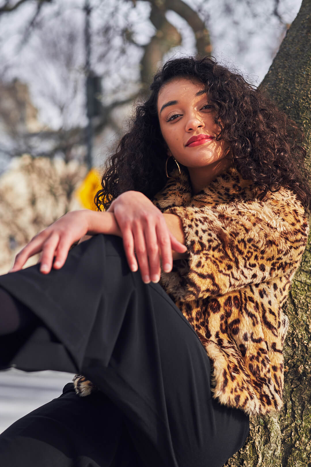 Fuji X Pro2 with xf 56mm f1.2 - Women's Fashion Photography in Central Park - Woman with leopard print jacket - Model: Jess