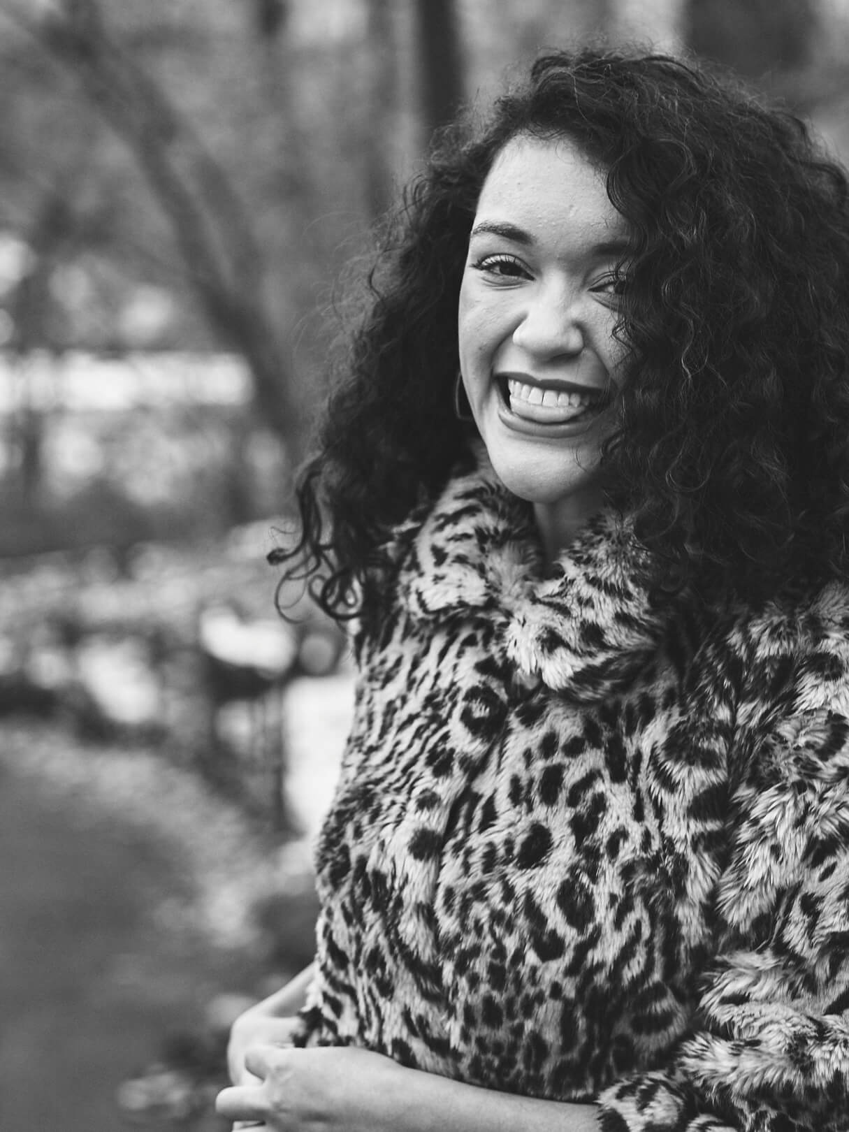 Fuji X Pro2 with xf 56mm f1.2 - Black and White Women's Fashion Photography in Central Park - Woman with leopard print jacket - Model: Jess