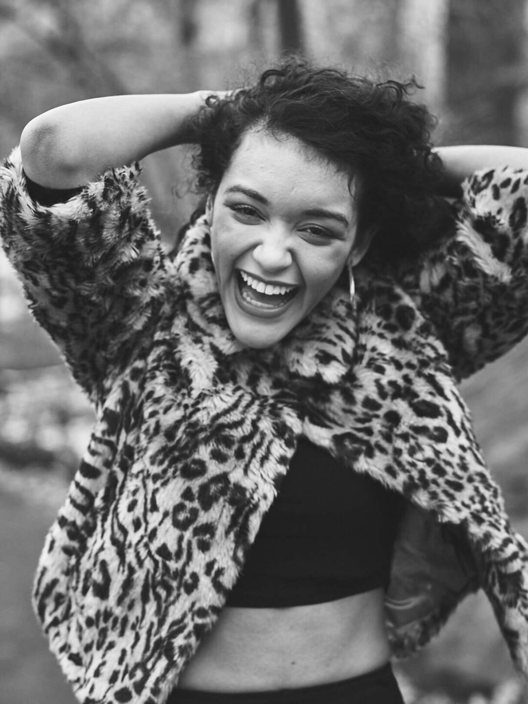 Fuji X Pro2 with xf 56mm f1.2 - Black and White Women's Fashion Photography in Central Park - Woman with leopard print jacket - Model: Jess