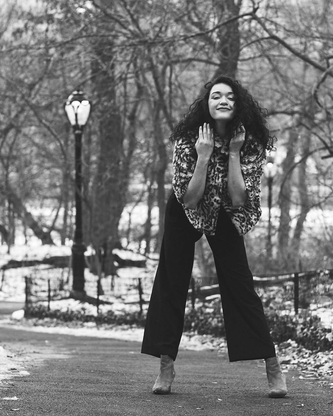 Fuji X Pro2 with xf 56mm f1.2 - Black and White Women's Fashion Photography in Central Park - Woman with leopard print jacket - Model: Jess