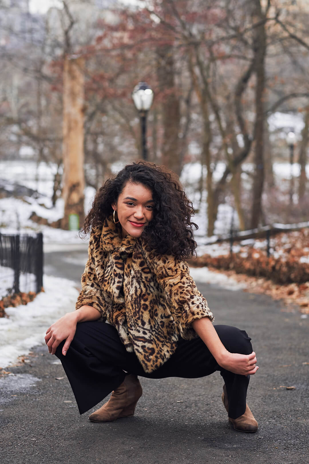 Fuji X Pro2 with xf 56mm f1.2 - Women's Fashion Photography in Central Park - Woman with leopard print jacket - Model: Jess