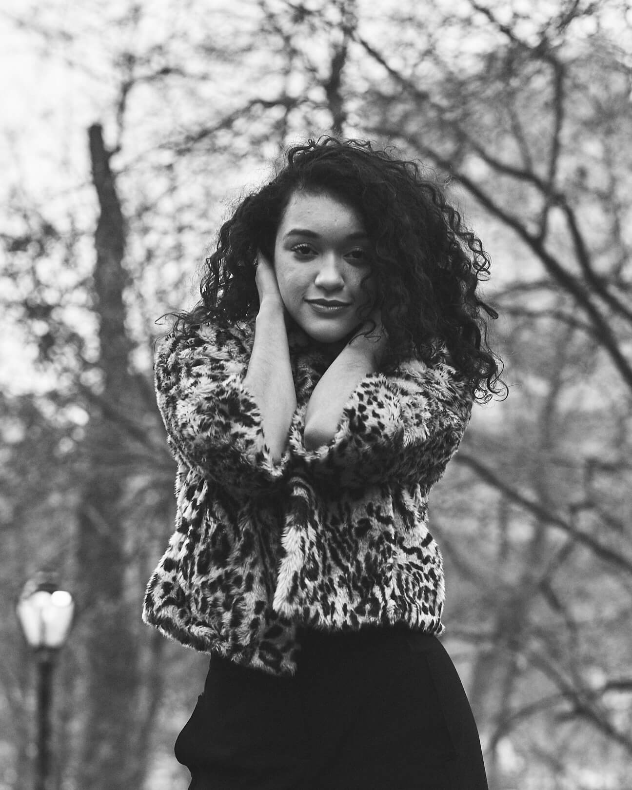 Fuji X Pro2 with xf 56mm f1.2 - Black and White Women's Fashion Photography in Central Park - Woman with leopard print jacket - Model: Jess