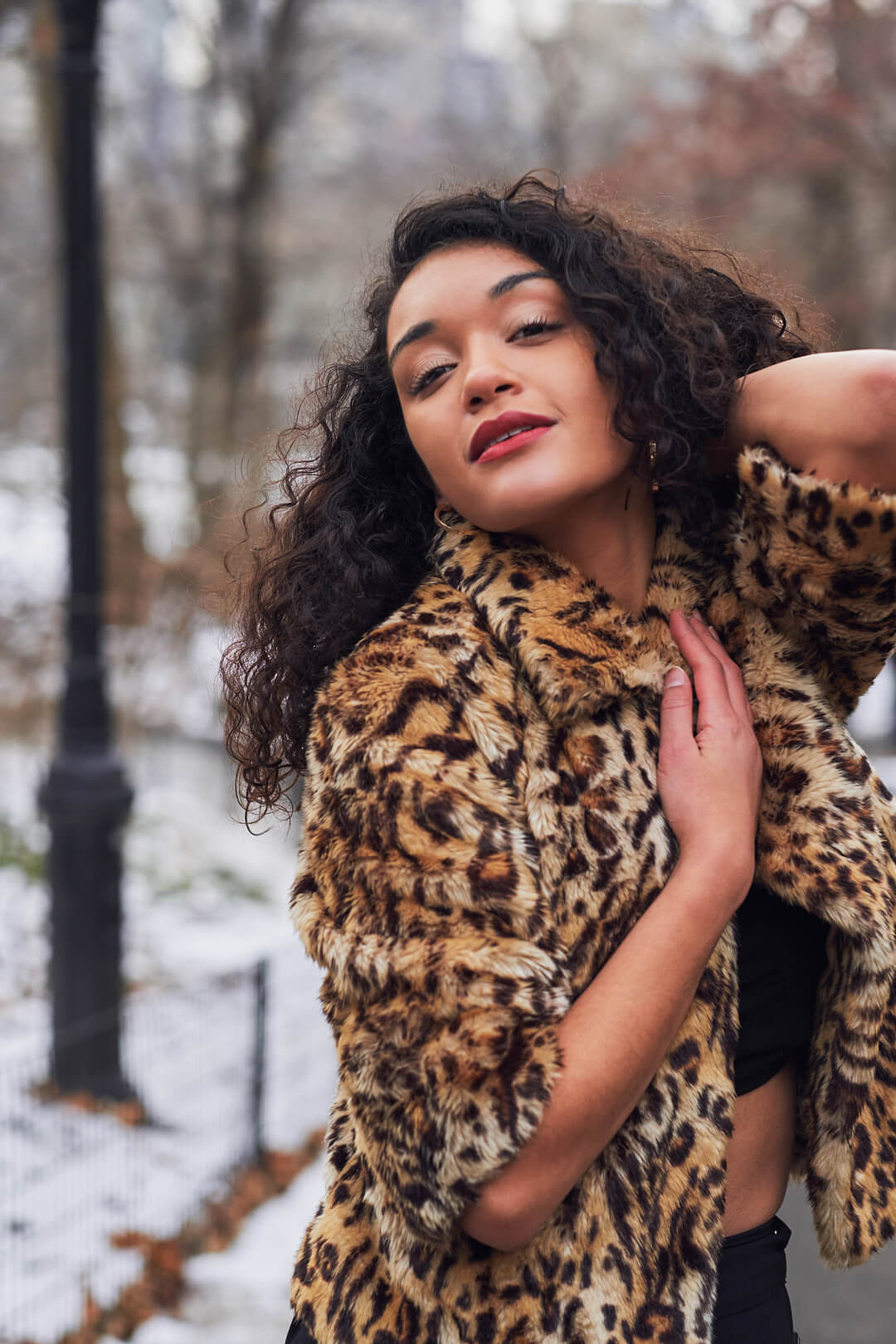 Fuji X Pro2 with xf 56mm f1.2 - Women's Fashion Photography in Central Park - Woman with leopard print jacket - Model: Jess