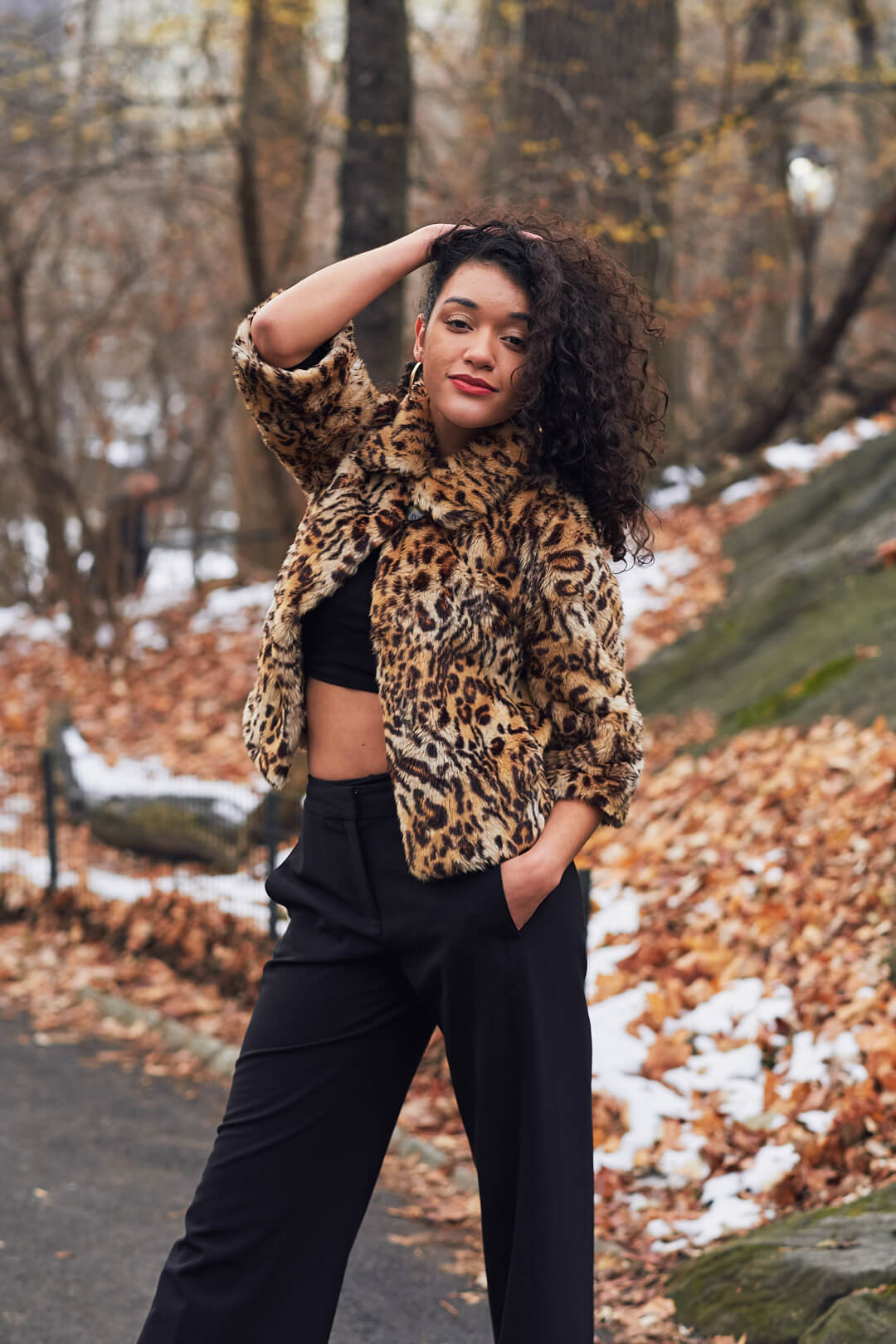 Fuji X Pro2 with xf 56mm f1.2 - Women's Fashion Photography in Central Park - Woman with leopard print jacket - Model: Jess