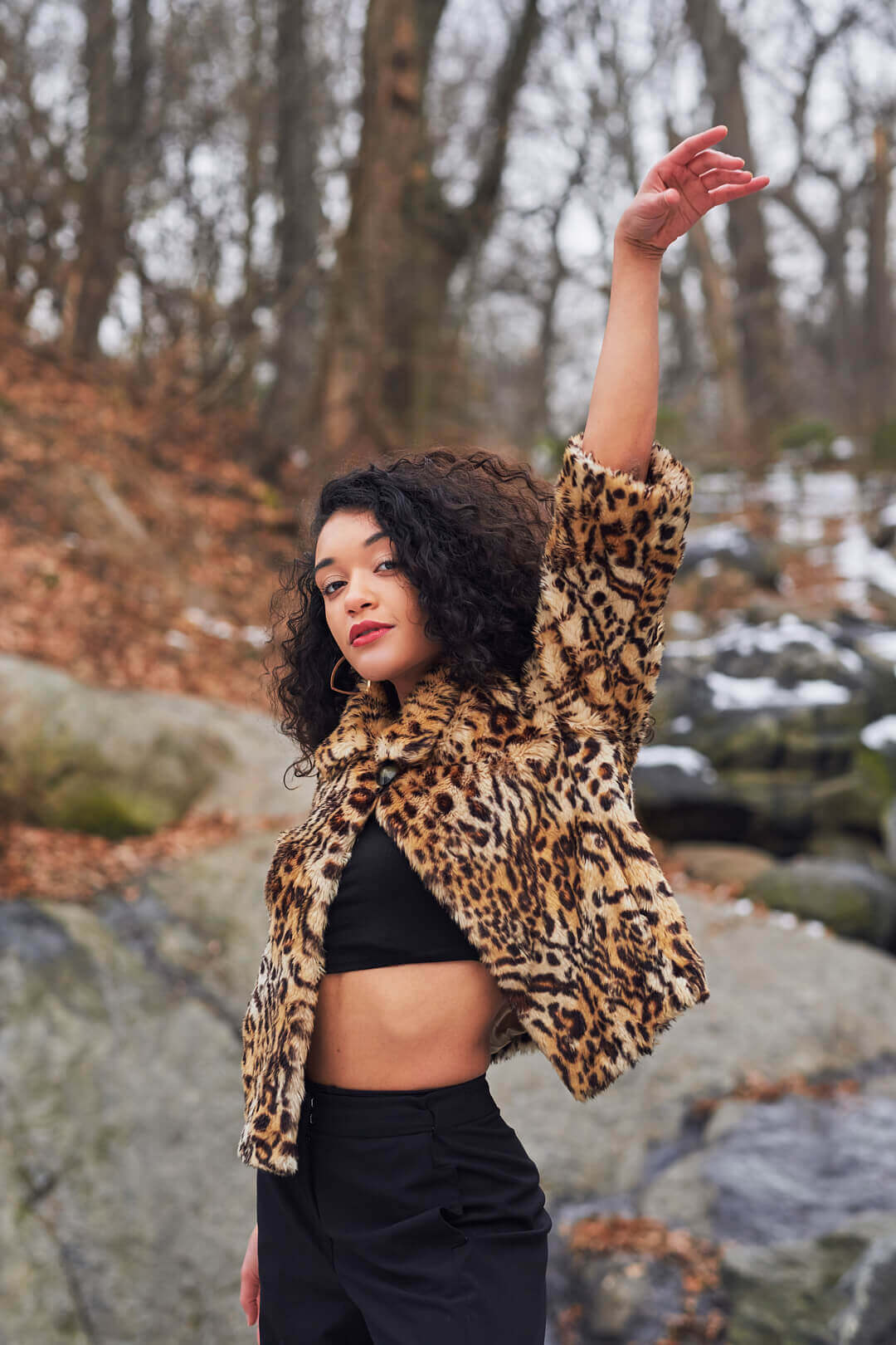 Fuji X Pro2 with xf 56mm f1.2 - Women's Fashion Photography in Central Park - Woman with leopard print jacket - Model: Jess