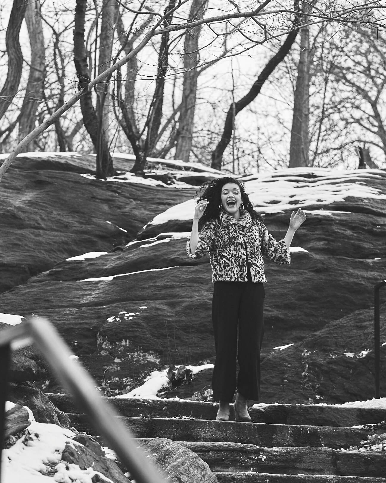 Fuji X Pro2 with xf 56mm f1.2 - Black and White Women's Fashion Photography in Central Park - Woman with leopard print jacket - Model: Jess