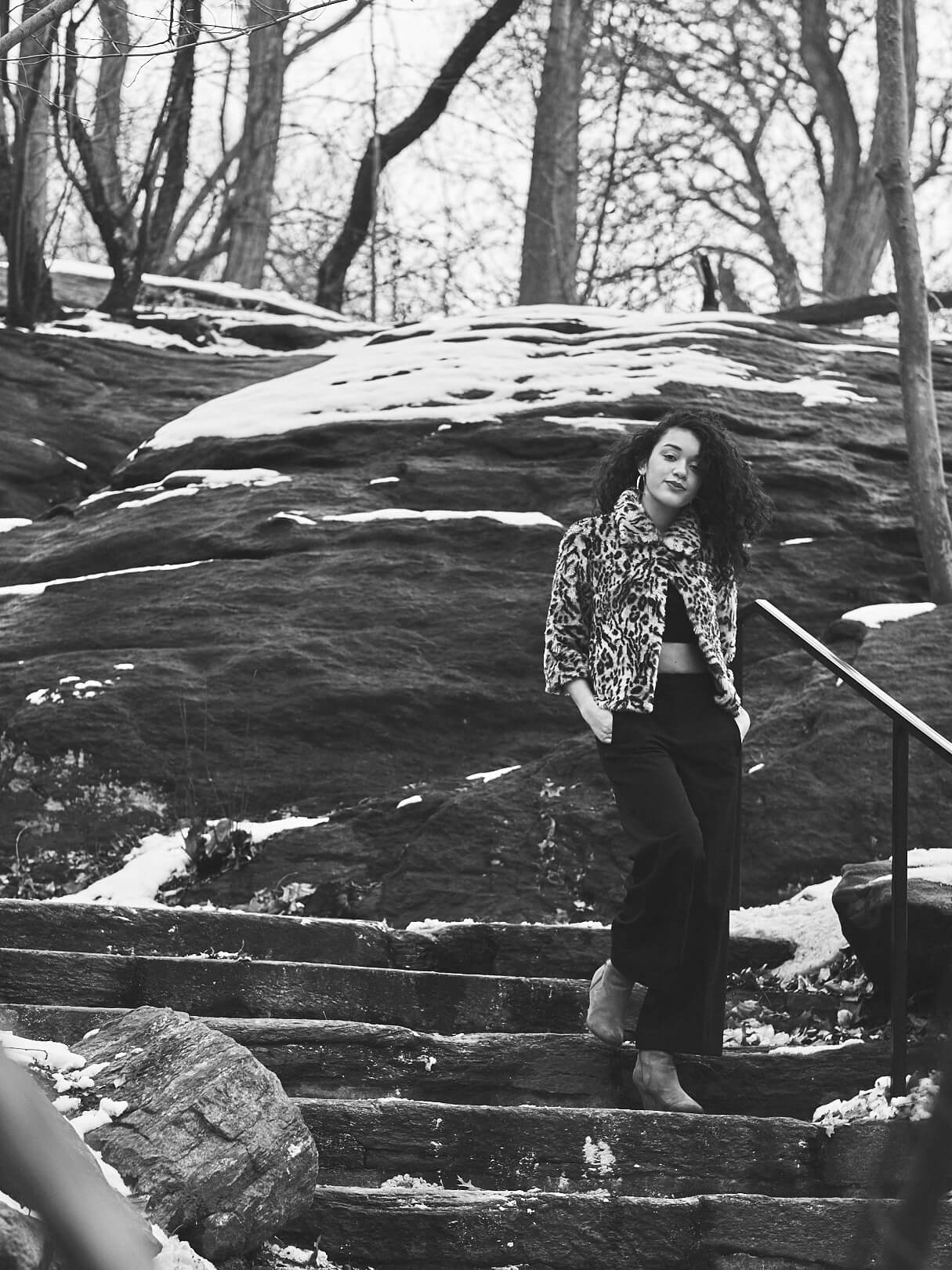 Fuji X Pro2 with xf 56mm f1.2 - Black and White Women's Fashion Photography in Central Park - Woman with leopard print jacket - Model: Jess