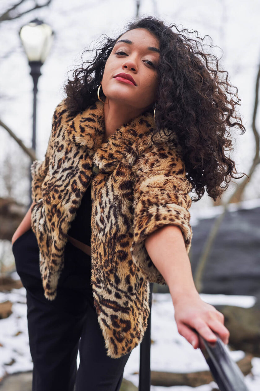 Fuji X Pro2 with xf 56mm f1.2 - Women's Fashion Photography in Central Park - Woman with leopard print jacket - Model: Jess