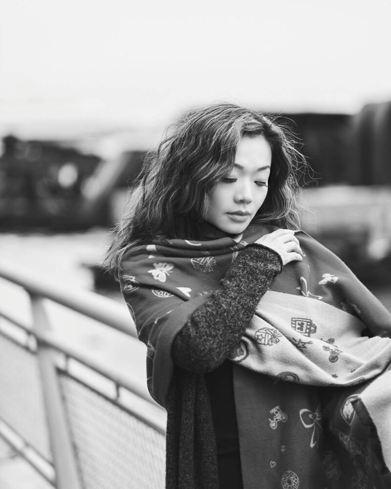 Fuji X Pro2 with xf 56mm f1.2 - Asian woman with scarf - Black and White Portrait Fashion Photography in Riverside Park New York - Model: Lise