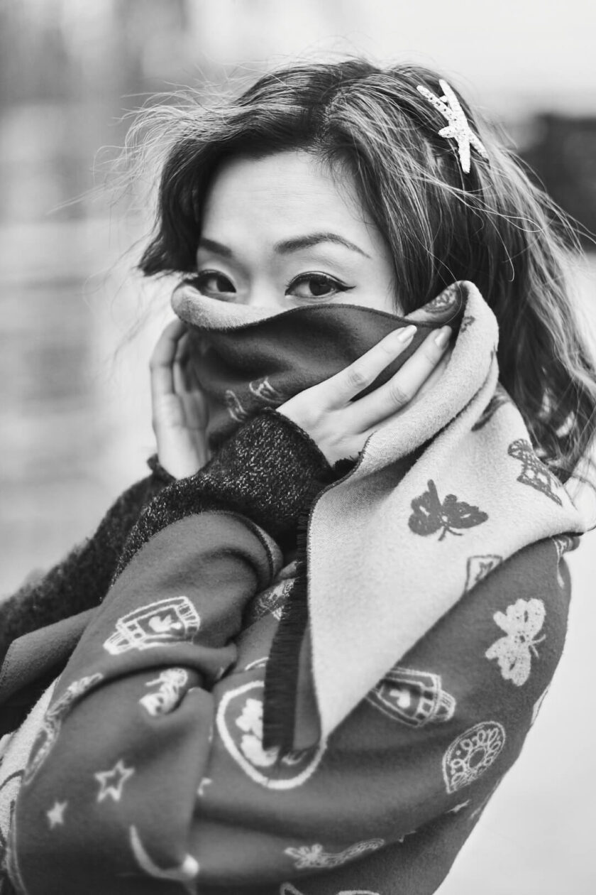 Fuji X Pro2 with xf 56mm f1.2 - Asian woman with scarf - Black and White Portrait Fashion Photography in Riverside Park New York - Model: Lise