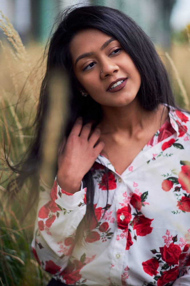 Fuji X Pro2 with xf 56mm f1.2 - Women's fashion portrait photography in Riverside Park grass field in new york - Model: Mousumi