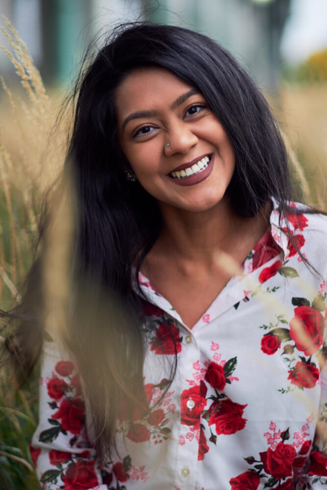 Fuji X Pro2 with xf 56mm f1.2 - Women's fashion portrait photography in Riverside Park grass field in new york - Model: Mousumi