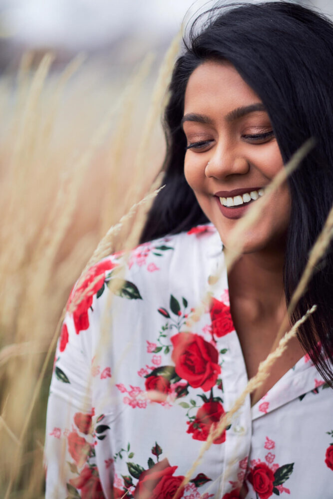 Fuji X Pro2 with xf 56mm f1.2 - Women's fashion portrait photography in Riverside Park grass field in new york - Model: Mousumi