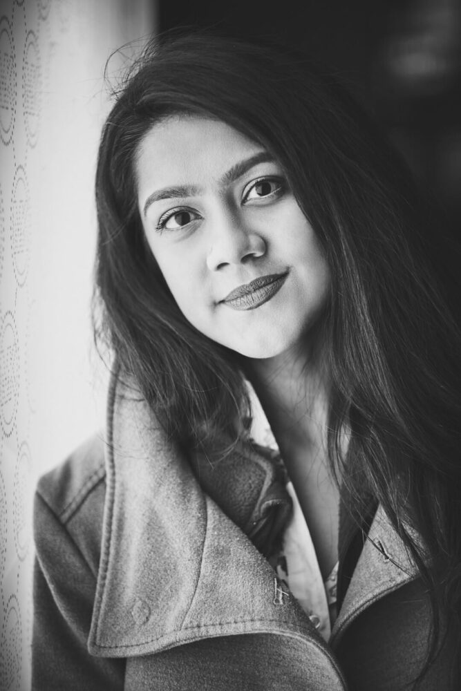 Fuji X Pro2 with xf 56mm f1.2 - Black and White women's fashion portrait photography in Columbus Circle New York - Model: Mousumi