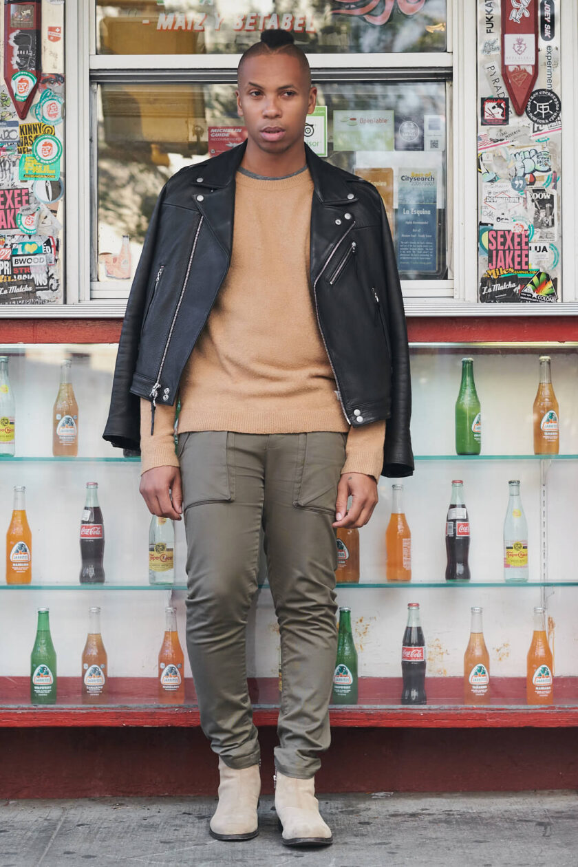 Fuji X Pro2 with xf 56mm f1.2 - Frank and Oak Men's Fashion Photography in SoHo New York with male standing next to restaurant store front - Model: Rashad