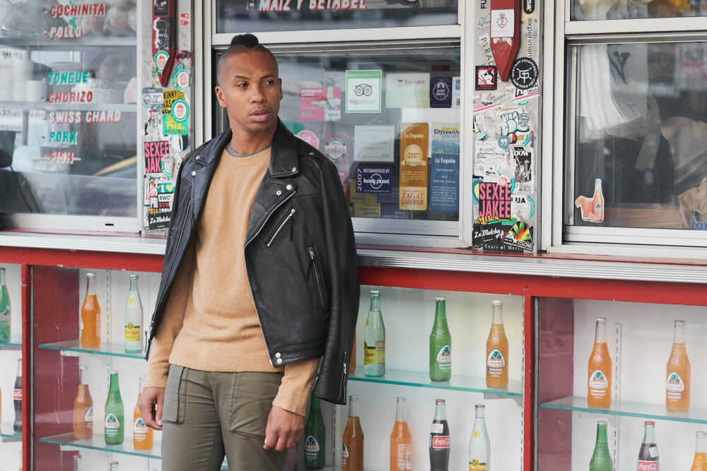 Fuji X Pro2 with xf 56mm f1.2 - Frank and Oak Men's Fashion Photography in SoHo New York with male standing next to restaurant store front - Model: Rashad