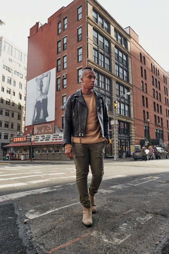 Fuji X Pro2 with xf 16mm f1.4 - Frank and Oak Men's Fashion Photography in SoHo New York walking across the street - Model: Rashad