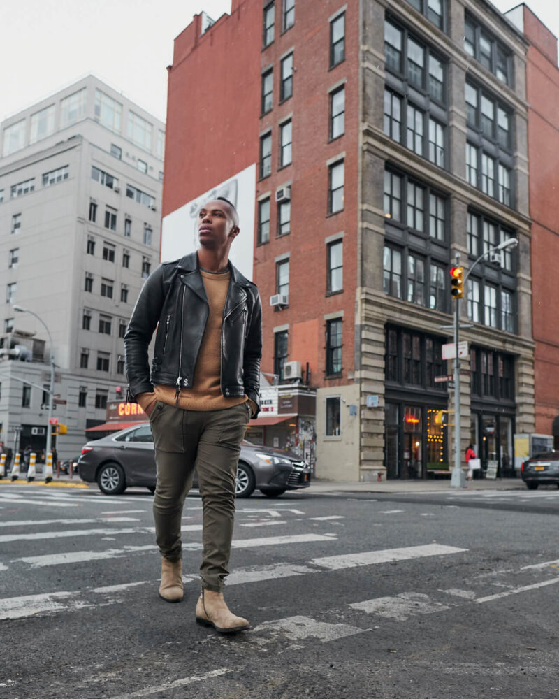 Fuji X Pro2 with xf 16mm f1.4 -Frank and Oak Men's Fashion Photography in SoHo New York walking across the street - Model: Rashad