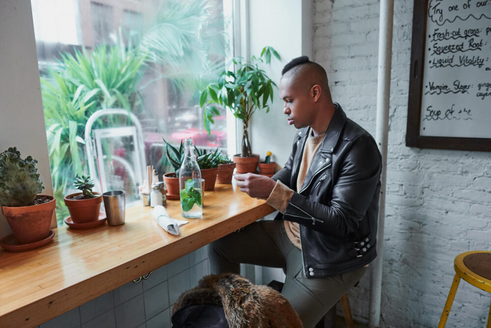 Fuji X Pro2 with xf 16mm f1.4 - Frank and Oak Lifestyle Men's Fashion Photography in SoHo New York in restaurant - Model: Rashad