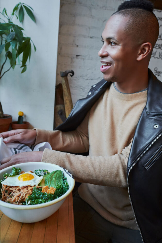 Fuji X Pro2 with xf 16mm f1.4 - Frank and Oak Lifestyle Men's Fashion Photography in SoHo New York in restaurant - Model: Rashad