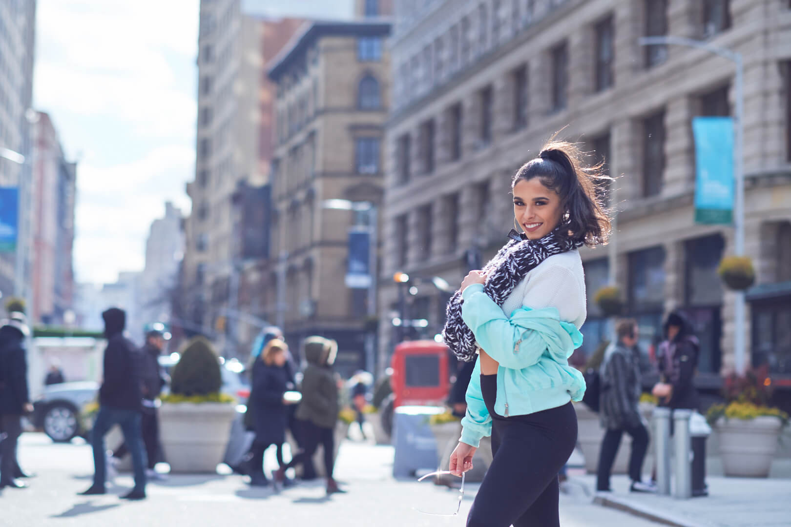 Emily - Flatiron District - Fashion Photography Poses - New York - Woman with a scarf and sunglasses - Portrait Photography Poses - Fuji X Pro2 with xf 56mm f1.2