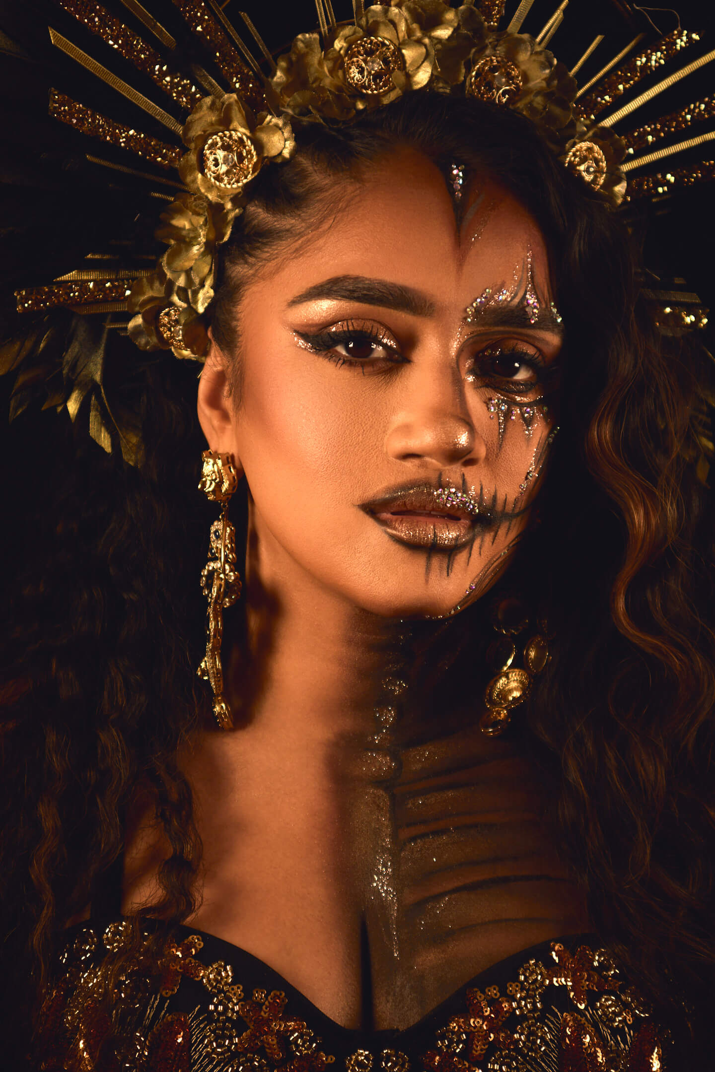 Dhara - Golden Skull Queen - Halloween Look - Elizabeth New Jersey - Portrait Session - Halloween Makeup Look